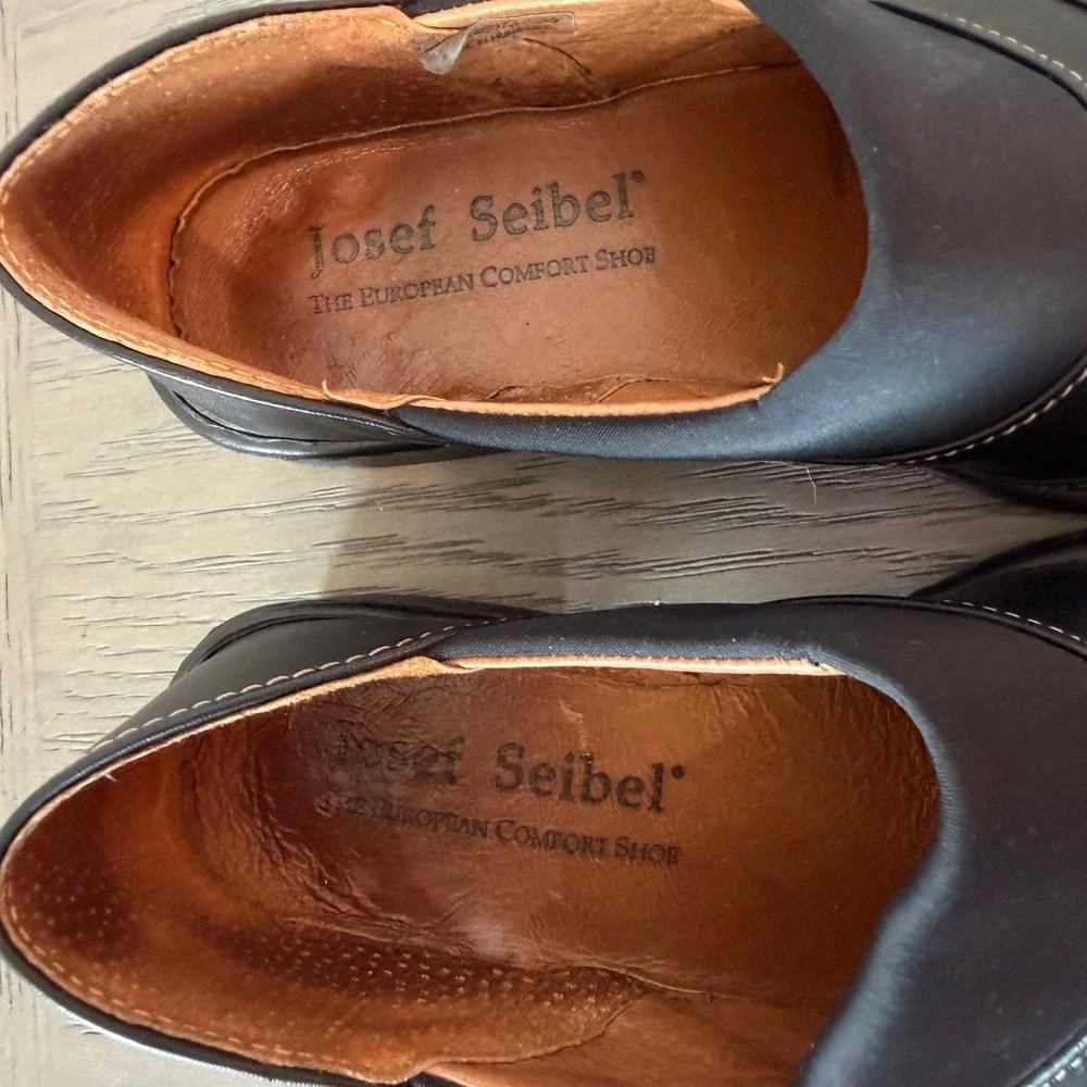 Josef Seibel Black Leather Square‎ Toe Block Heel Comfort Loafers Shoes EU 37